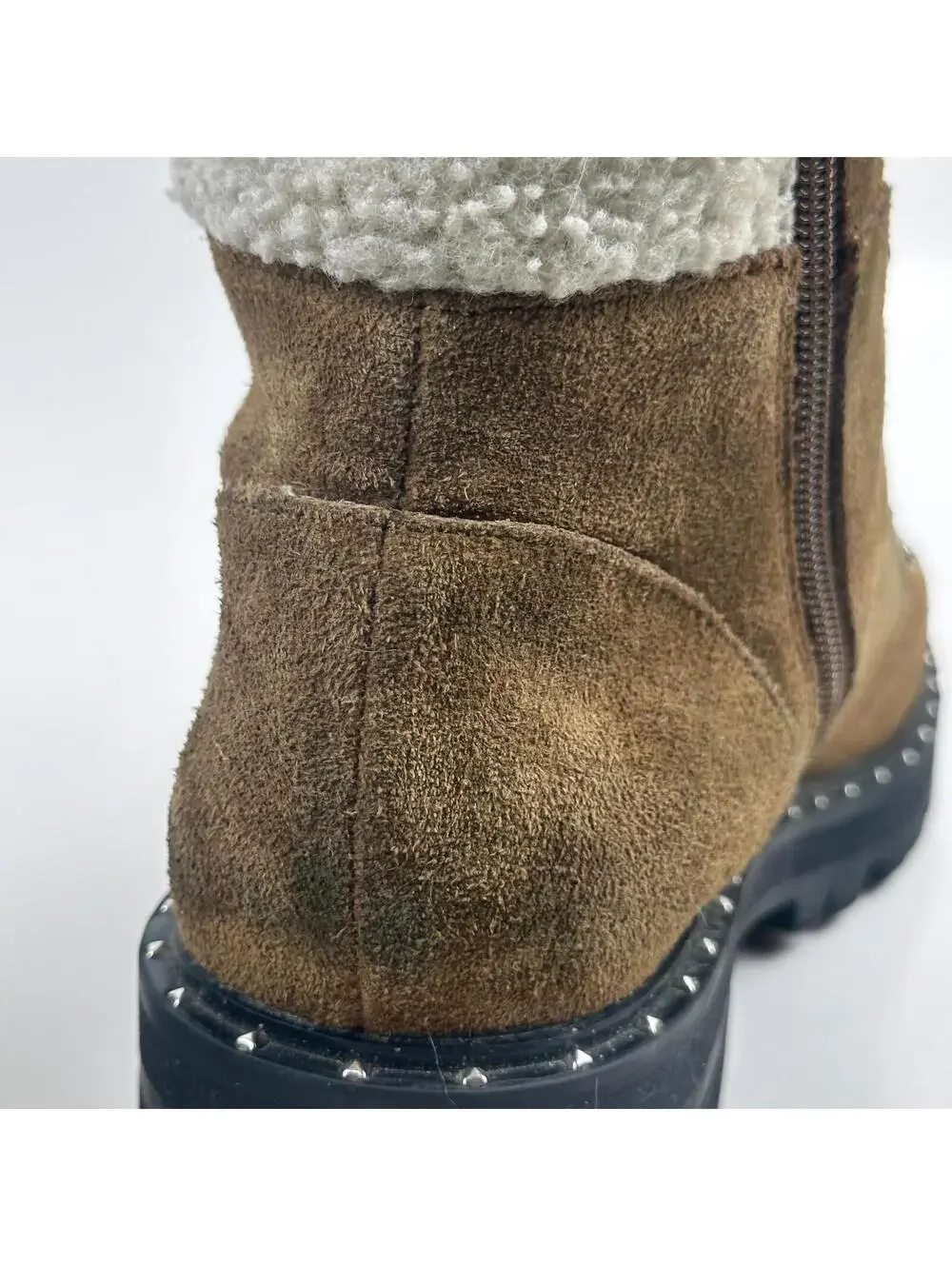 Steve Madden Receptive Hiking Boots Womens 10 BrownSuede Faux Fur Lug Sole Studs